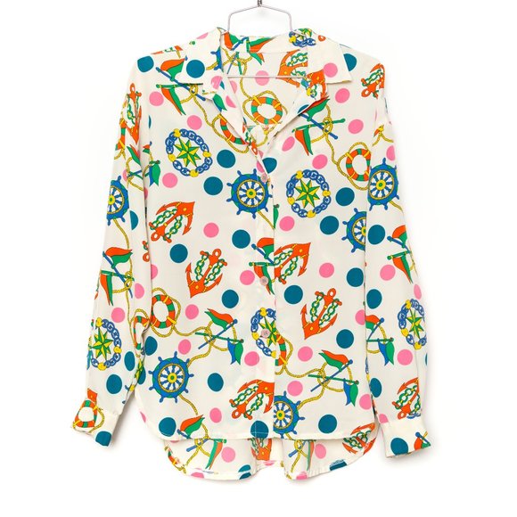 VTG Nautical Polka Dot Print Button Down - Picture 3 of 7